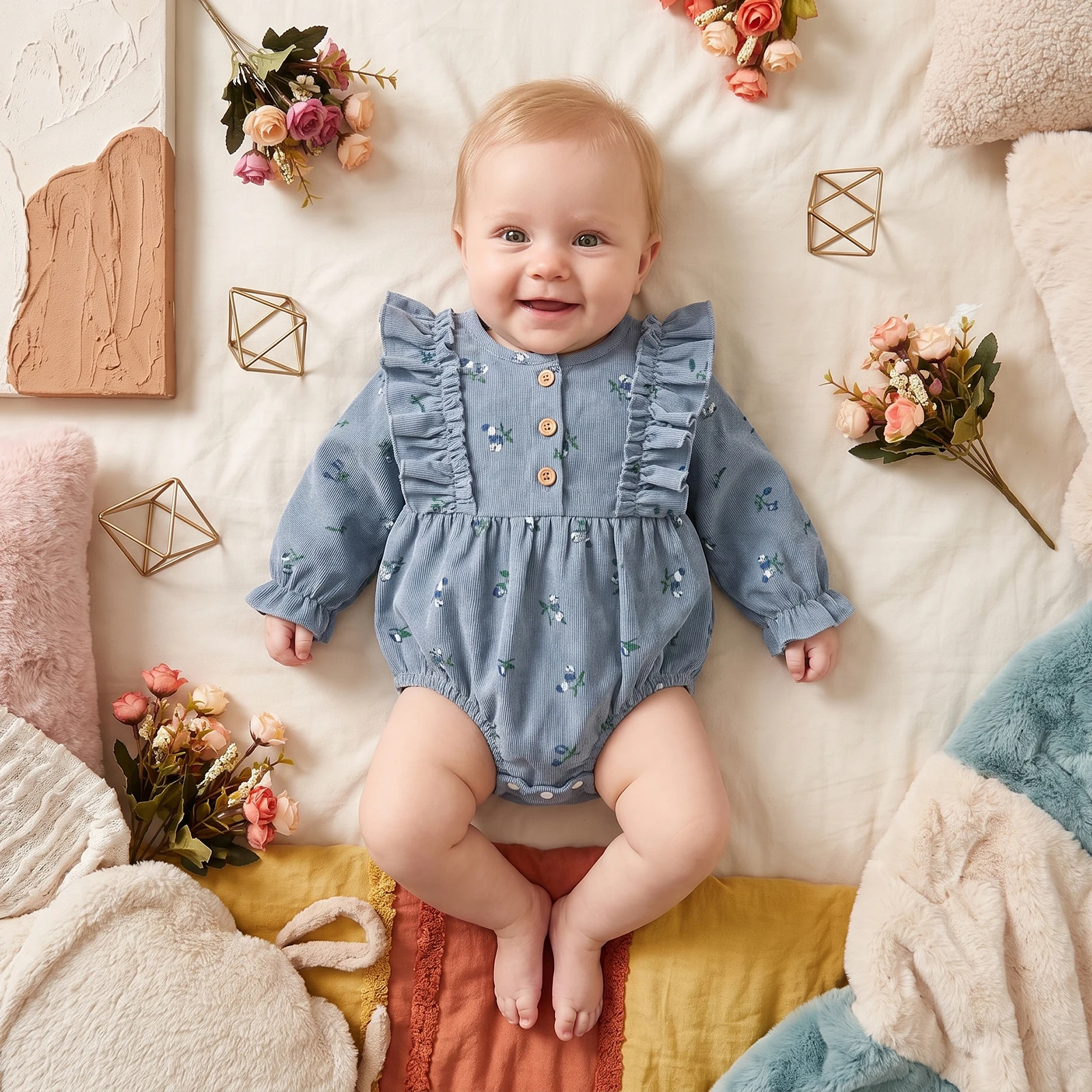 Baby Girls Romper, Long Sleeve Henley Neck Floral Bodysuit Casual Clothes