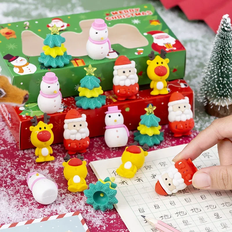 20 set/lot Merry Christmas Rubber Eraser Snowman Santa Claus Elk Kawaii Erasers School Supplies Stationery Students Cool Prizes