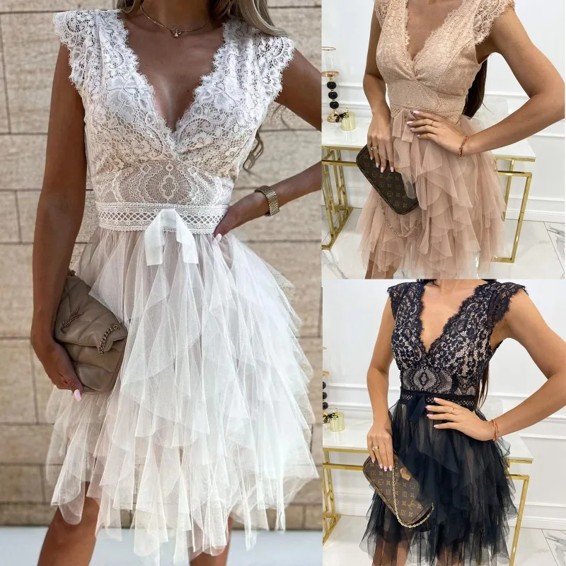 

Dress for Women Europe and America Spring and Summer New Pattern Sexy V-neck Lace Splicing Together Leisure Short Sleeve Fashion