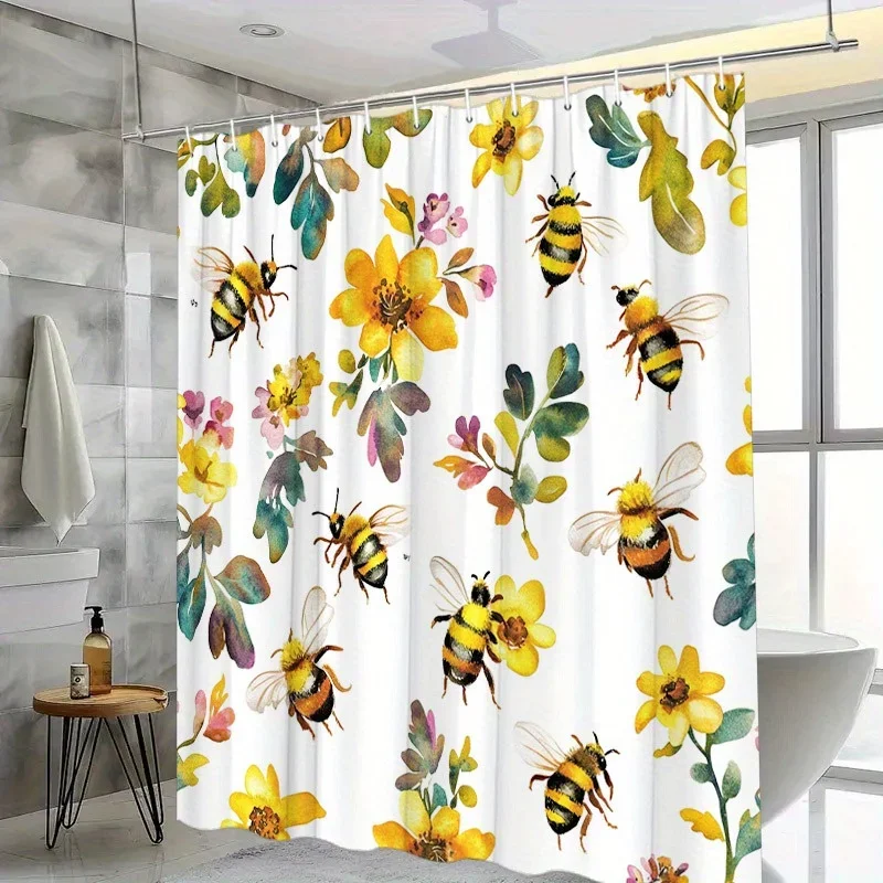 

1pc Watercolor Bees & Flowers Shower Curtain - Playful Light Design, Polyester, 70.8x70.8 Inches, 12 Hooks, Bathtub Decor