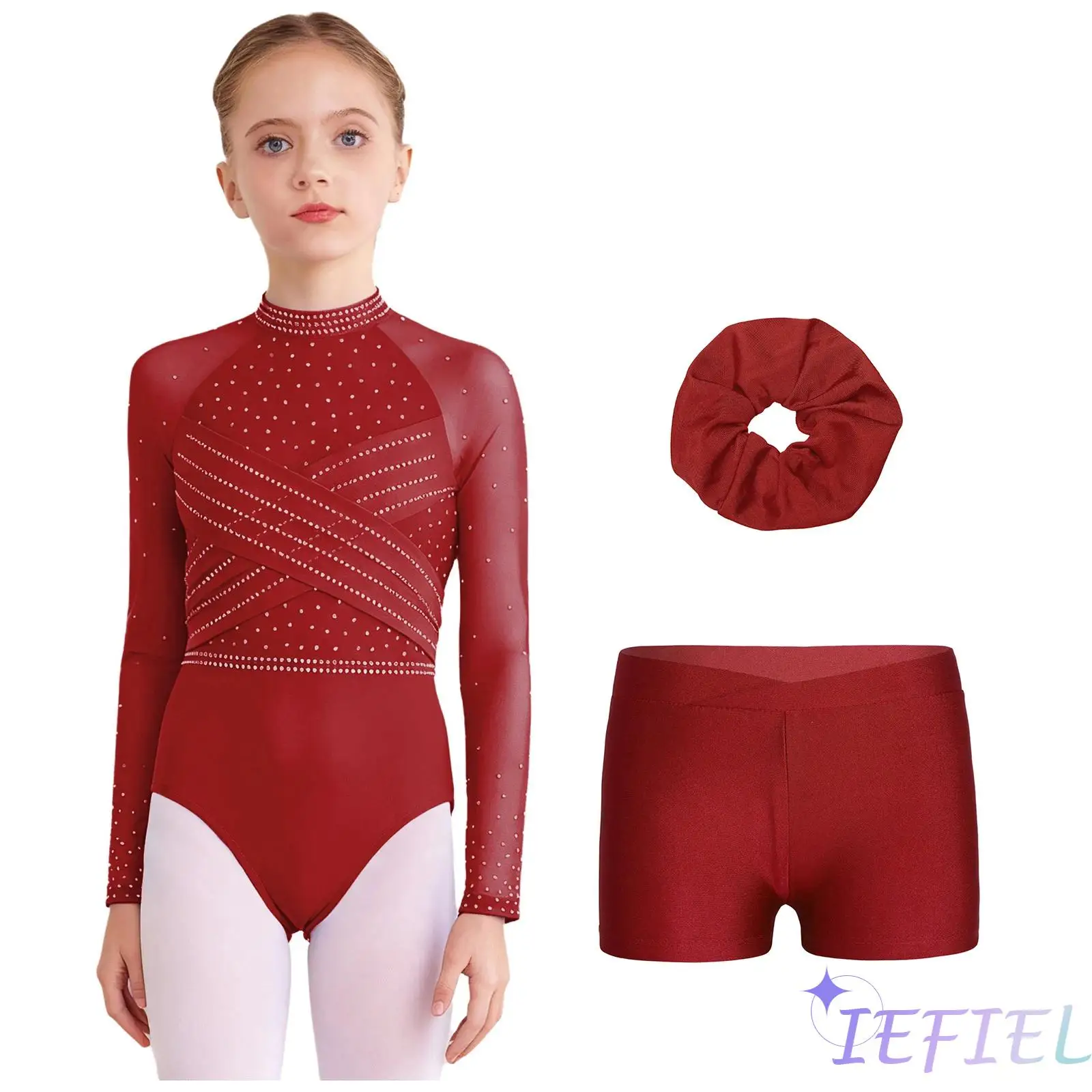 3 조각 어린이 소녀 체조 발레 댄스 복장 쉬어 메쉬 긴 소매 크로스 프론트 컷 아웃 백 레오타드 + 반바지 + 헤어 밴드 세트