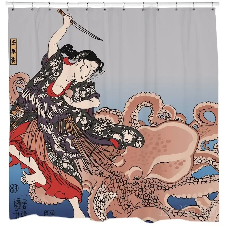 Octopus Shower Curtain Traditional Japanese Art Kraken Geisha Print Home Nautical Decor Waterproof