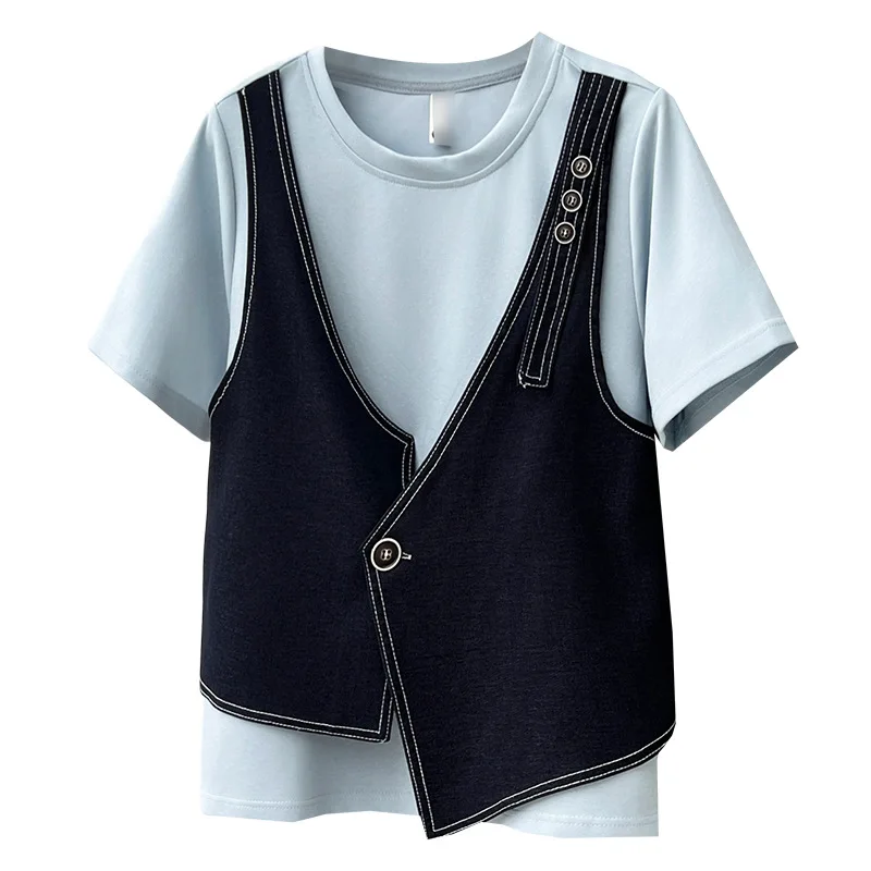 

2026 Summer Plus Size Fake Two Piece T-shirt Vest Splice Round Neck Short Sleeve Slim Casual Tops For Curvy Ladies 6012