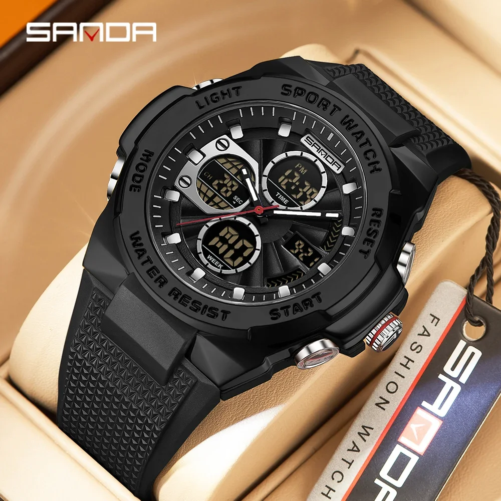 SANDA3378 Роскошные мужские часы в стиле милитари, будильник, секундомер, светодиодная цифровая подсветка, двойной дисплей времени, водонепроницаемые мужские часы
