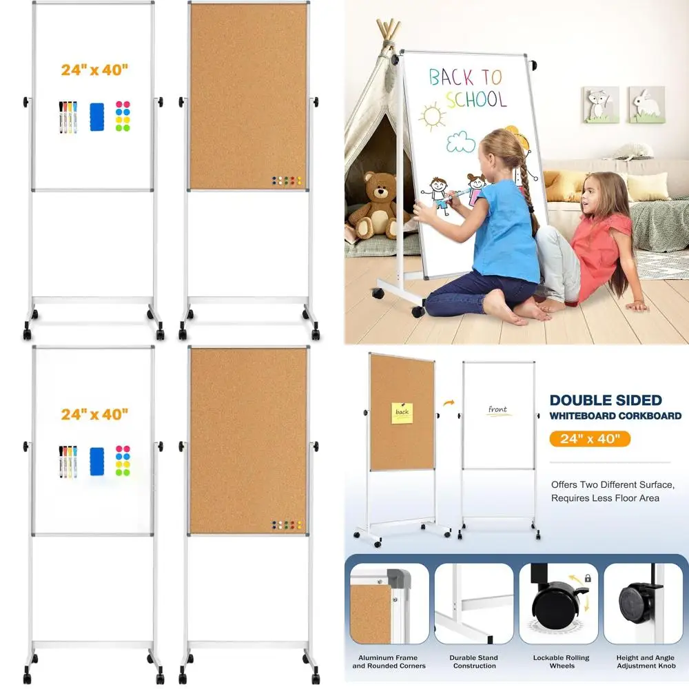 

24x40 Mobile Double-Sided Whiteboard and Corkboard, Reversible, Rolling Stand, Dry Erase and Bulletin Board Combo