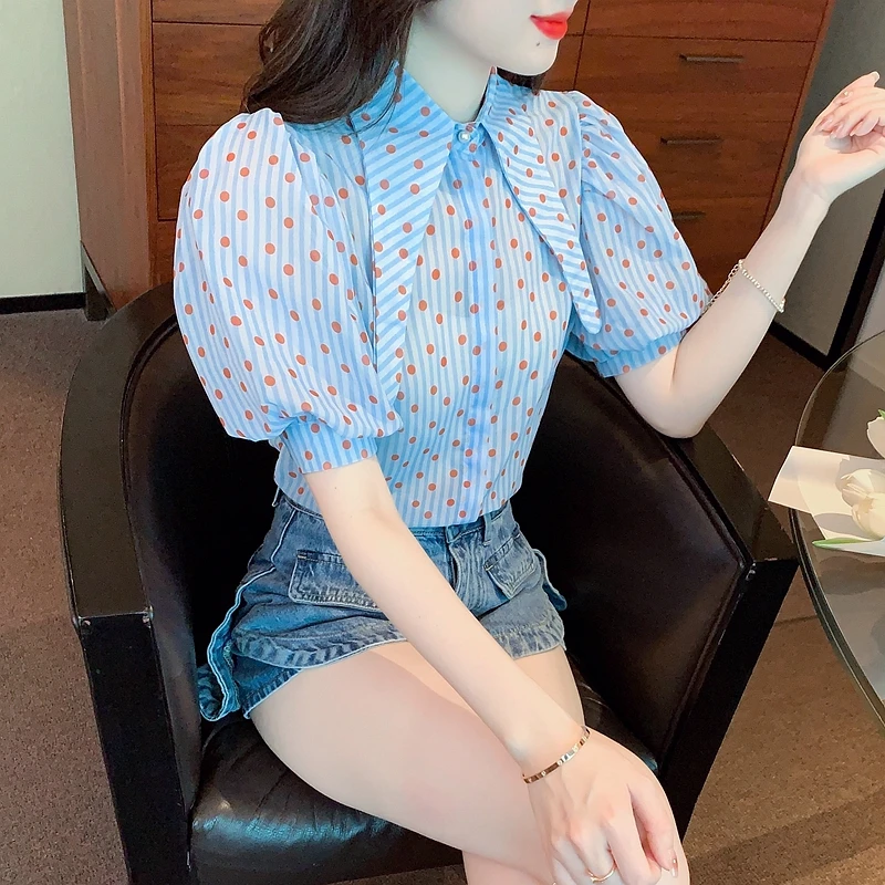 New Summer Fashion Short Puff Sleeve Blouses 2024 Vintage Dot Print Stylish Elegant Turndown Collar Sweet Shirts Blue Tops 27484