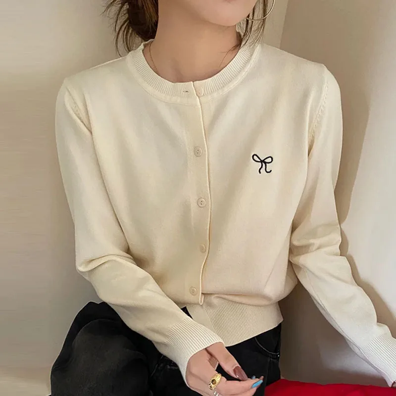 Suéteres de Manga Longa, Cardigans de Tricô para Mulheres, Moda, Suéter Branco com Decote Redondo, Cardigan Feminino, Tops Sueter Feminino Q3604