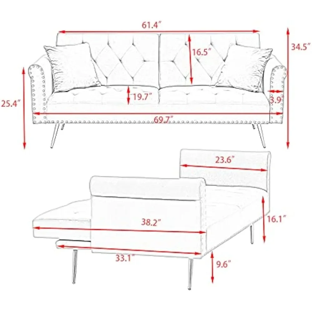 سرير أرائك فوتون، سرير أريكة فوتون للنوم مع مسند ظهر قابل للتعديل، ديكور رأس الأظافر وأرجل ذهبية أنيقة، أريكة غرفة المعيشة #6