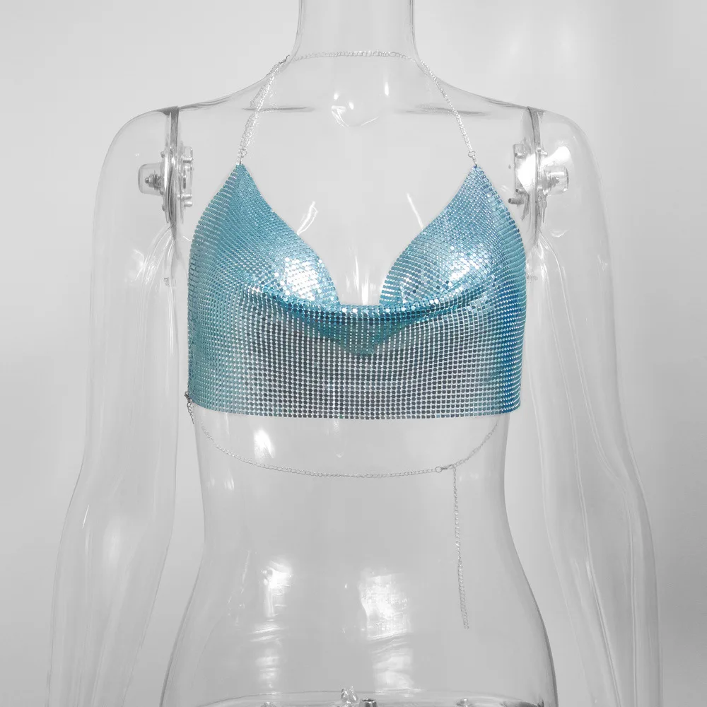 Top corto sexy in metallo metallizzato da donna Beach Halter Corsetto Top Glitter Backless Party Club Canotta Abbigliamento Top Canotta Croppe