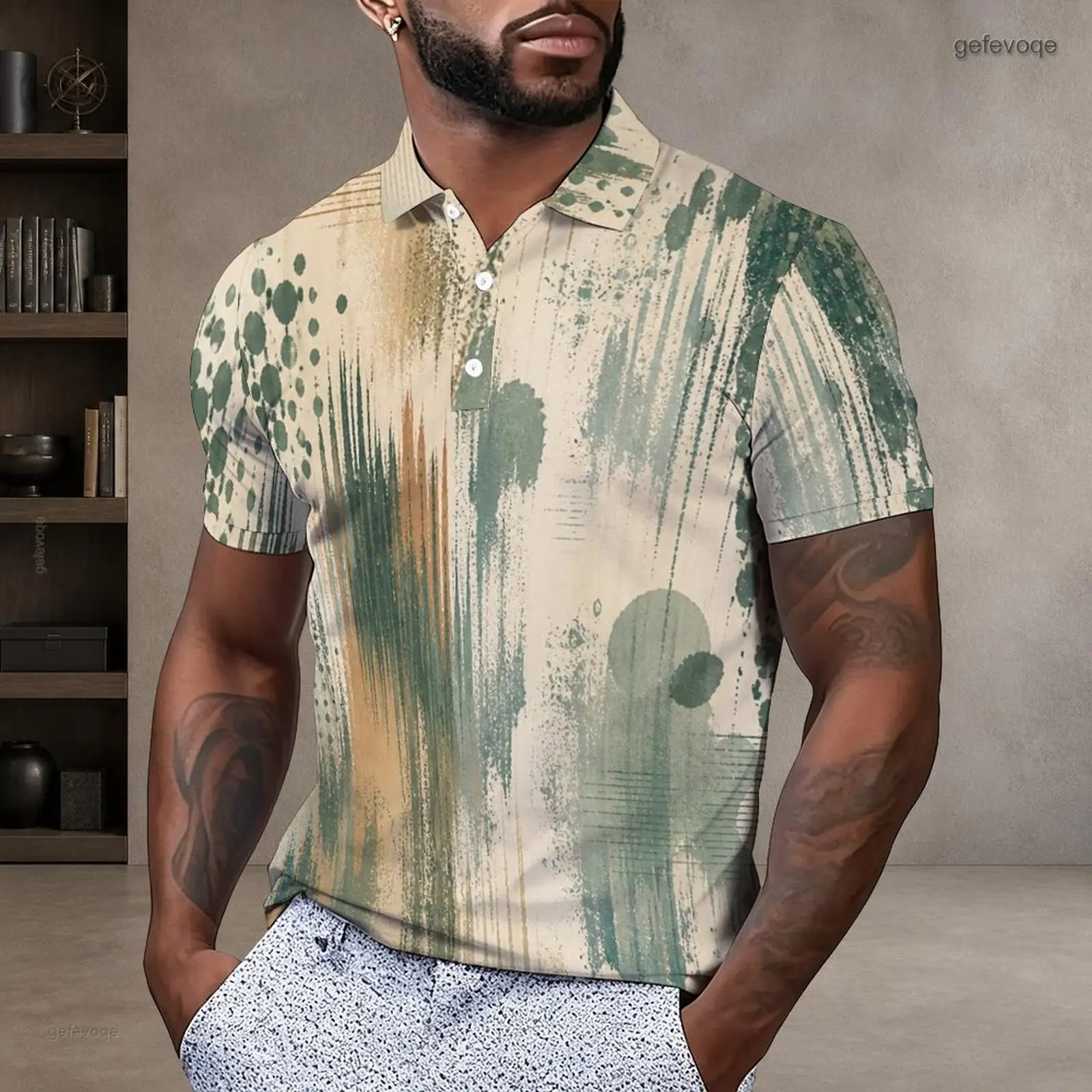 Men Polo Shirt with Print Short Sleeve Collared Neck Button Placket