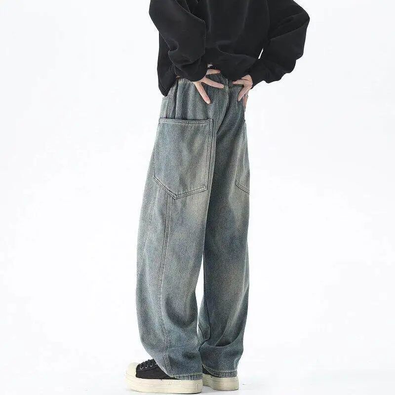 M-XXXXXL Plus Size Vintage Men's Curved Hem Jeans Retro Distressed Denim Pants for Casual Streetwear Baggy Jeans Man Bottoms 5XL