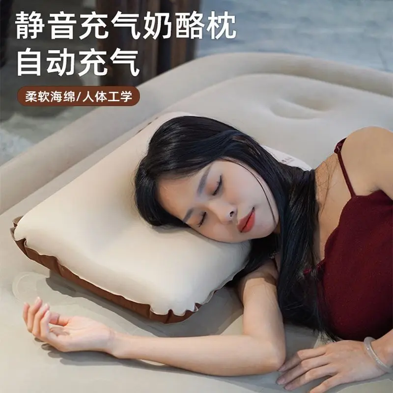 Self-Inflating Silent Beige Brown Camping Pillow Soft Foam Ergonomic Cheese Shaped Portable Neck Support For Travel Office Nap