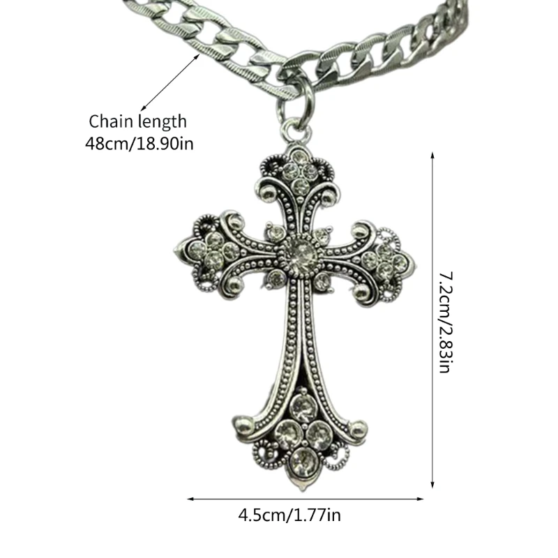 Large Detailed Cross Drill Pendant Necklace Silver Color Tone Gothic Punk Jewellery Fashion Charm Statement Women Girls Gift