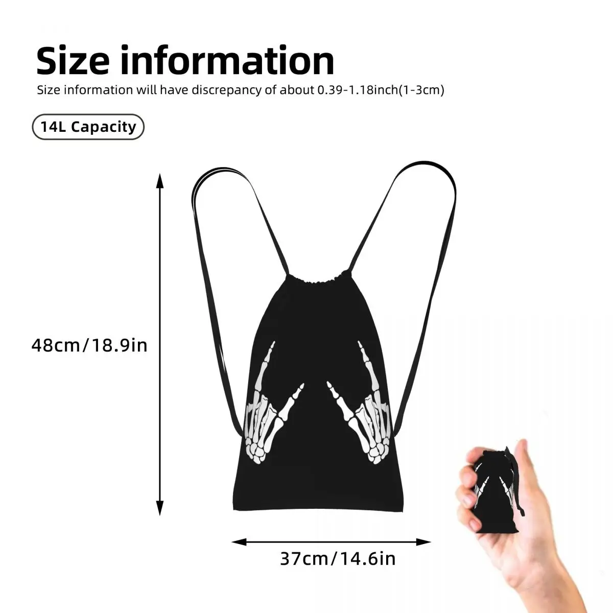 Skeleton Hands Gestures Print Drawstring Backpack hiking cycling Bag Portable Travel Drawstring Bag for Men Women