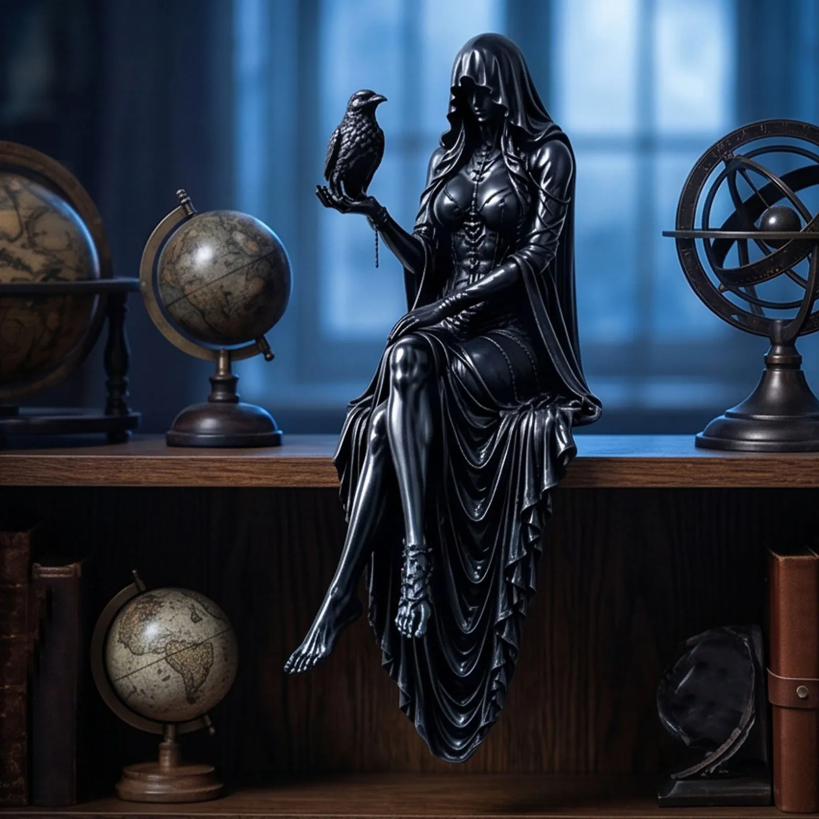 Resin Hooded Lady Reaper Figurine Dark Academia Bookshelf Edge Sitter Gifts for Literature Lovers Bookworms