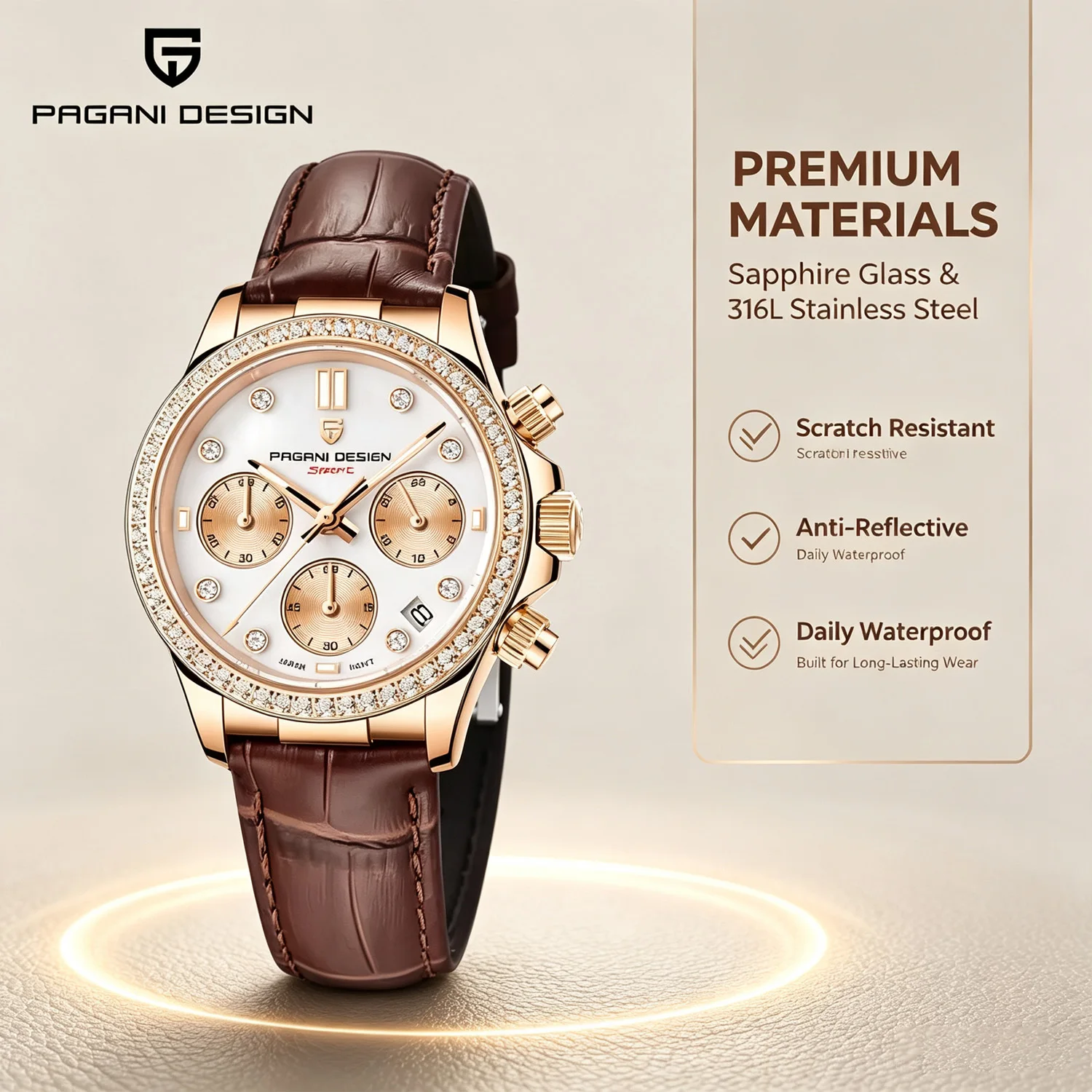 PAGANI DESIGN Ladies Modern Quartz Watch Low-Key With Exquisite 36MM Diamond Hour Mark Luminous Date 100m Waterproof Watch New