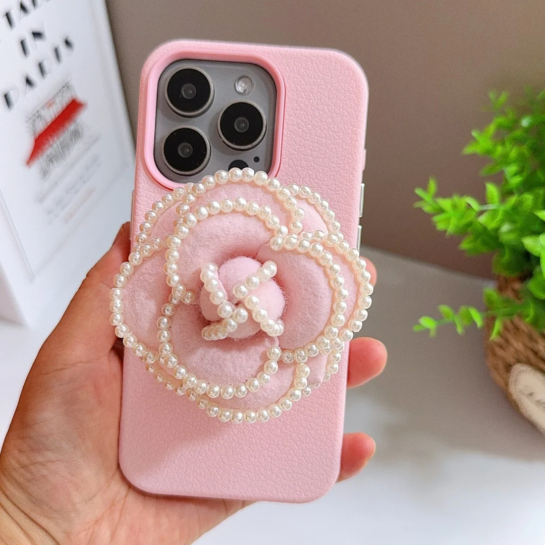 Woolen pearl flowers Magnetic suction bracket Case for iPhon