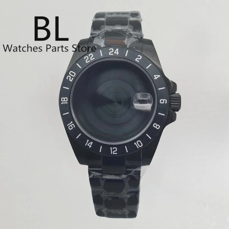 BLIGER Full Black Wathc Case With Bracelet 24-Hour Bezel Green Luminous Fit NH34 NH35 NH36 ETA Miyota PT5000 Sapphire Crystal