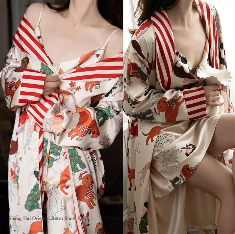 New Female 2PCS Robe Set Nightgown Sexy Silk Satin Sleepwear Nightdress Lingerie Print Cartoon Christmas Dog Homewear Pajama