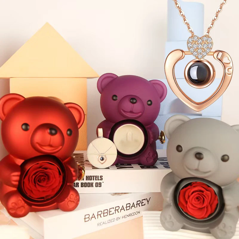 

Luxury Necklace With Cute Bear Rose Flower Gift Box 100 Languages ​​Projection Pendant 2025 Hot Mother's Day Birthday Gifts
