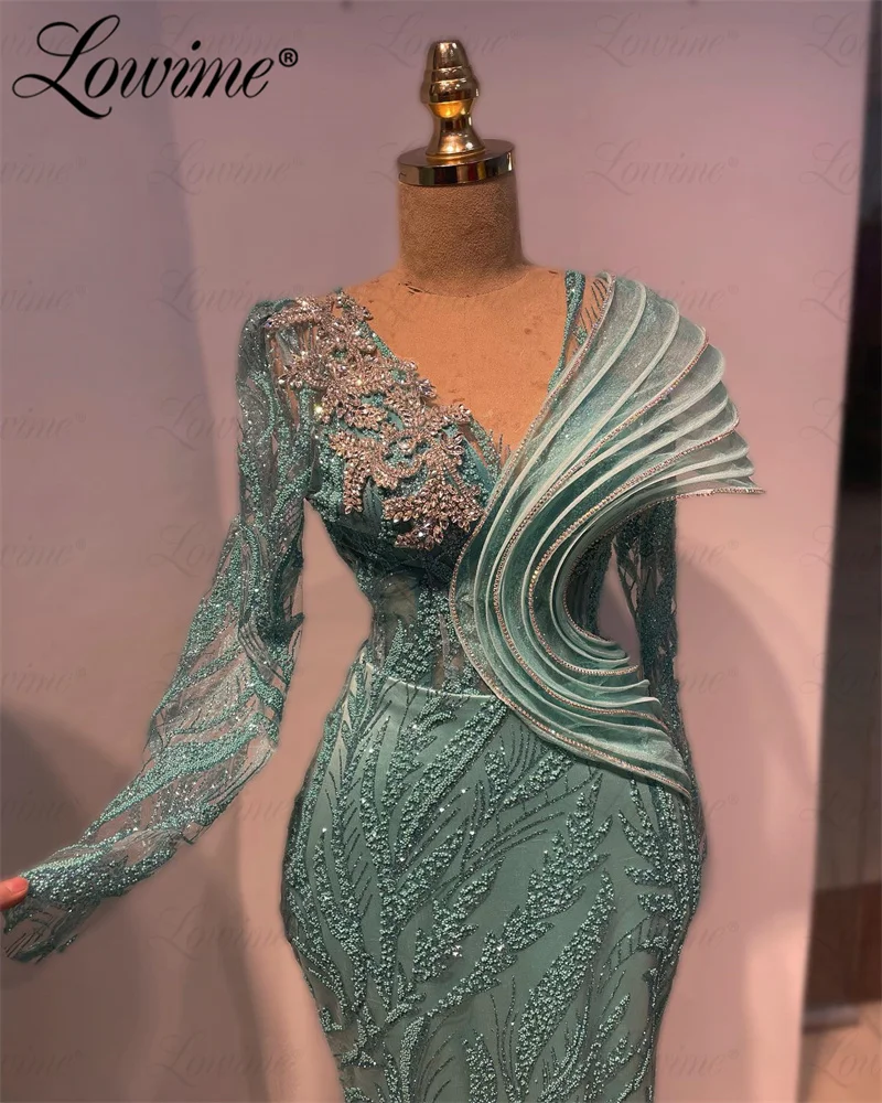 Green Aso Ebi Crystals Prom Dresses Long Sleeves Formal Evening Dress 2024 V Neck Crystals Long Sleeve Party Dresses Custom Made