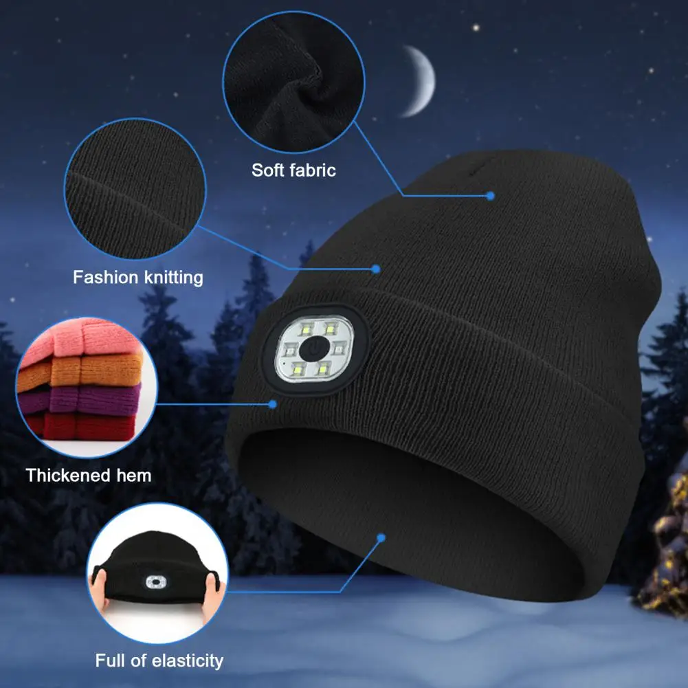 LED Light Knitted Hat Warm Elastic Beanie USB Rechargeable Unisex Headlight Solid Color Led Flashlight Fishing Camping Night Hat