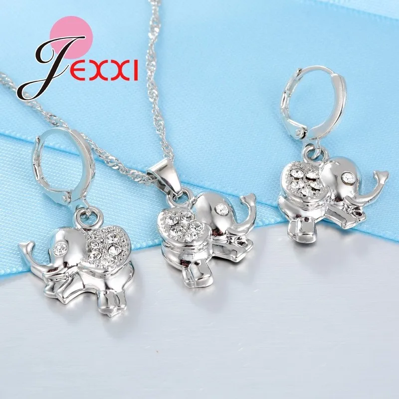 

Wholesale Cute Rhineston Elephant Jewelry Set Girls 925 Sterling Silver Pendant Necklace Earrings Jewelry Set For Women