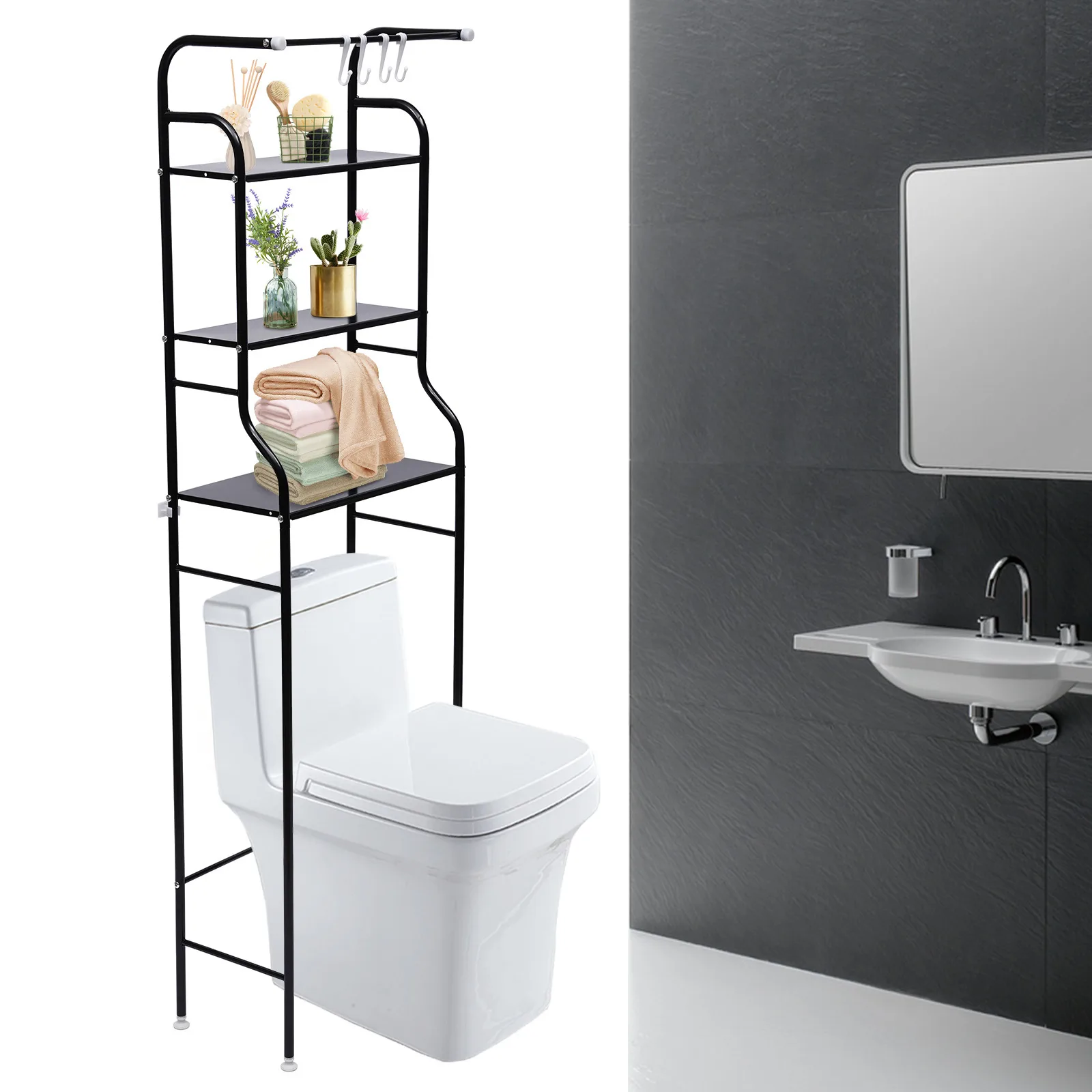 Black Metal 4-Tier Over The Toilet Rack Space Saver Organizer Storage For Bathroom