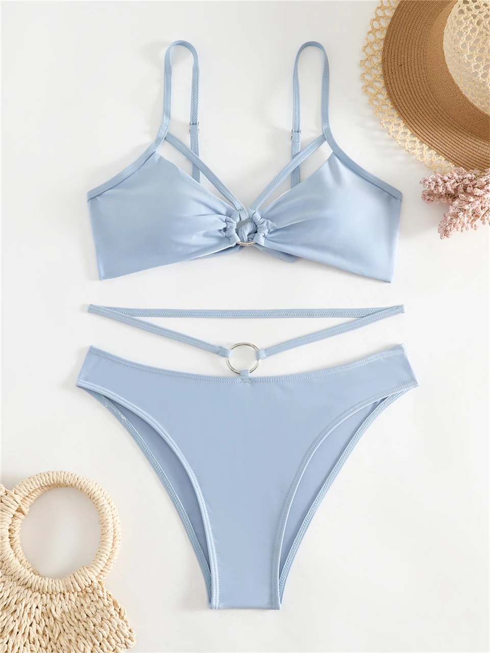 

Бикини с кольцевыми звеньями 2024, женский купальник с плечевым ремнем, женский сексуальный однотонный купальник, летняя пляжная одежда, женский купальный костюм для купания