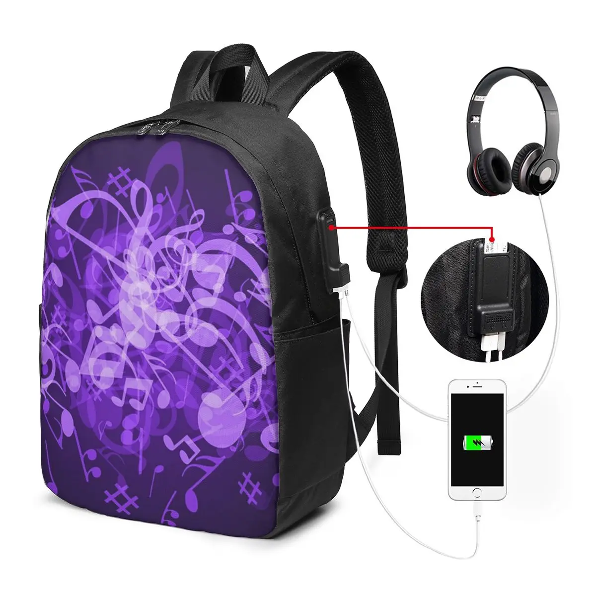 Music And Treble Clef Pattern In Purple Backpack Travel Notebook Bag Computer College Student School Bag Laptop Shoulder Bags