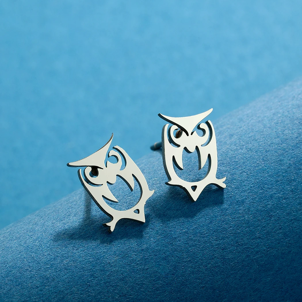 Kinitial Cute Owl Animal Stud Earring Women Stainless Steel Jewelry Lovely Bird Cartoon Earrings Gift