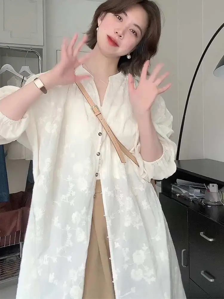

Белая женская рубашка в китайском стиле с длинным рукавом, модный тонкий топ с разрезами, многослойная одежда средней длины, летняя новинка, традиционный новый стиль