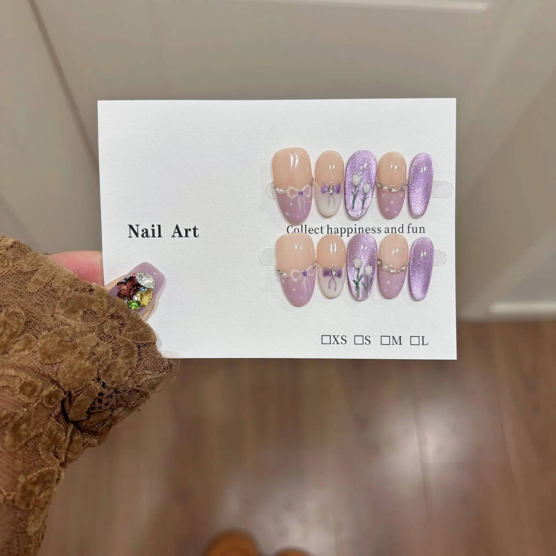 

10pcs Cat Eye Press on Nails Purple Tulip Wearable Nail Heart French False Nails Sweet Bowknot Nail Art Pearl Diamond Fake Nails
