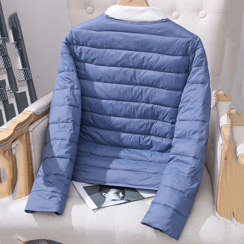 سترة قطنية خفيفة الوزن للغاية للنساء لخريف وشتاء دافئ بدون ياقة معطف منتفخ للسيدات كوري بقصة ضيقة ورفيعة