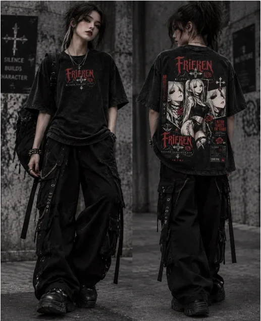 Frieren Beyond Journey's End Vintage Washed T Shirt Gothic Anime Print Men Women Oversized Short Sleeve Streetwear Graphic Tee