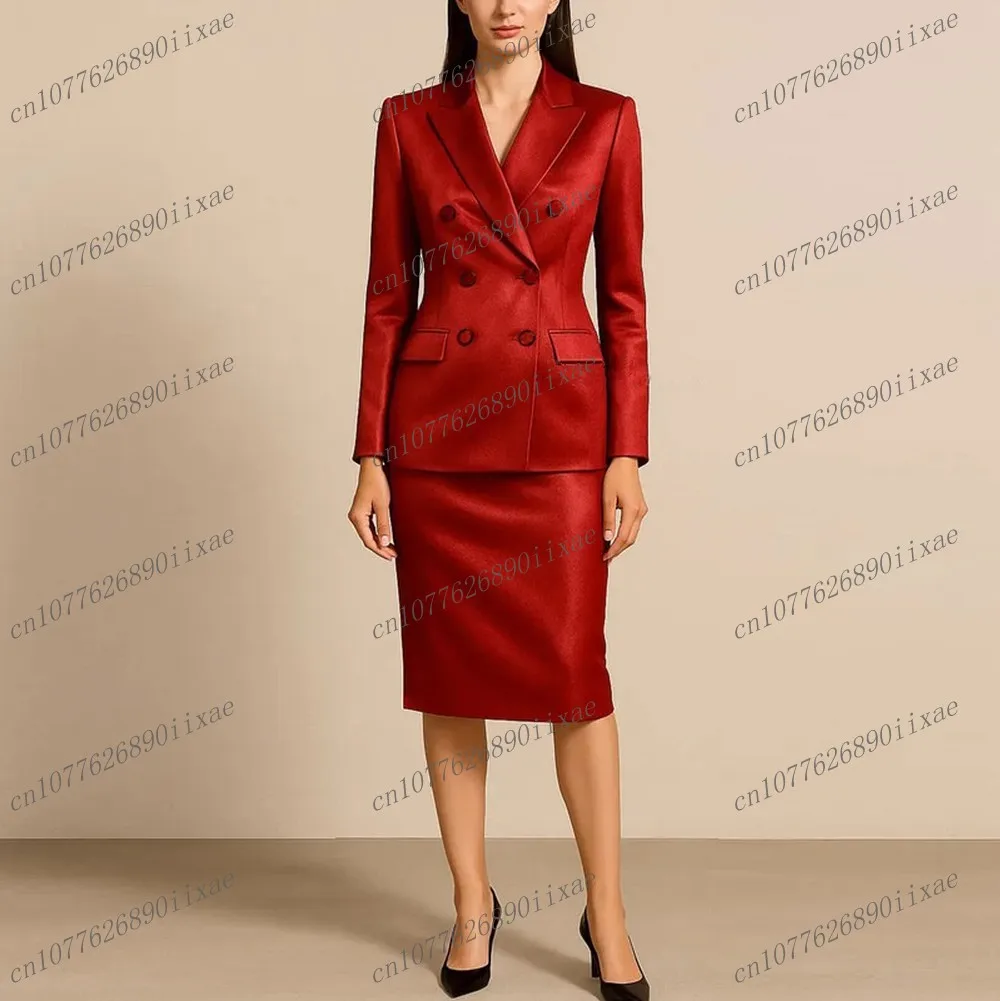

Red Acetate Satin Blazer Skirt Women Suits Lady Formal Business Tuxedos Mother Wedding Party Ladies 2 Piece Jacket Skirt