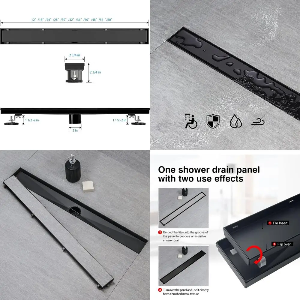 

30 304 Stainless Steel Black Linear Shower Drain with Flat and Tile Inserts, Hair Strainer, and Leveling Feet