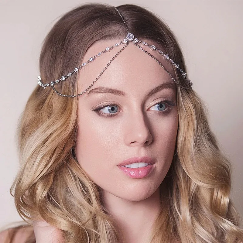 

Bobo Head Chain For Wedding Bride Hair Accessories Zircon Indian Forehead Bridal Headband Tiara For Women Party Prom Headpiece