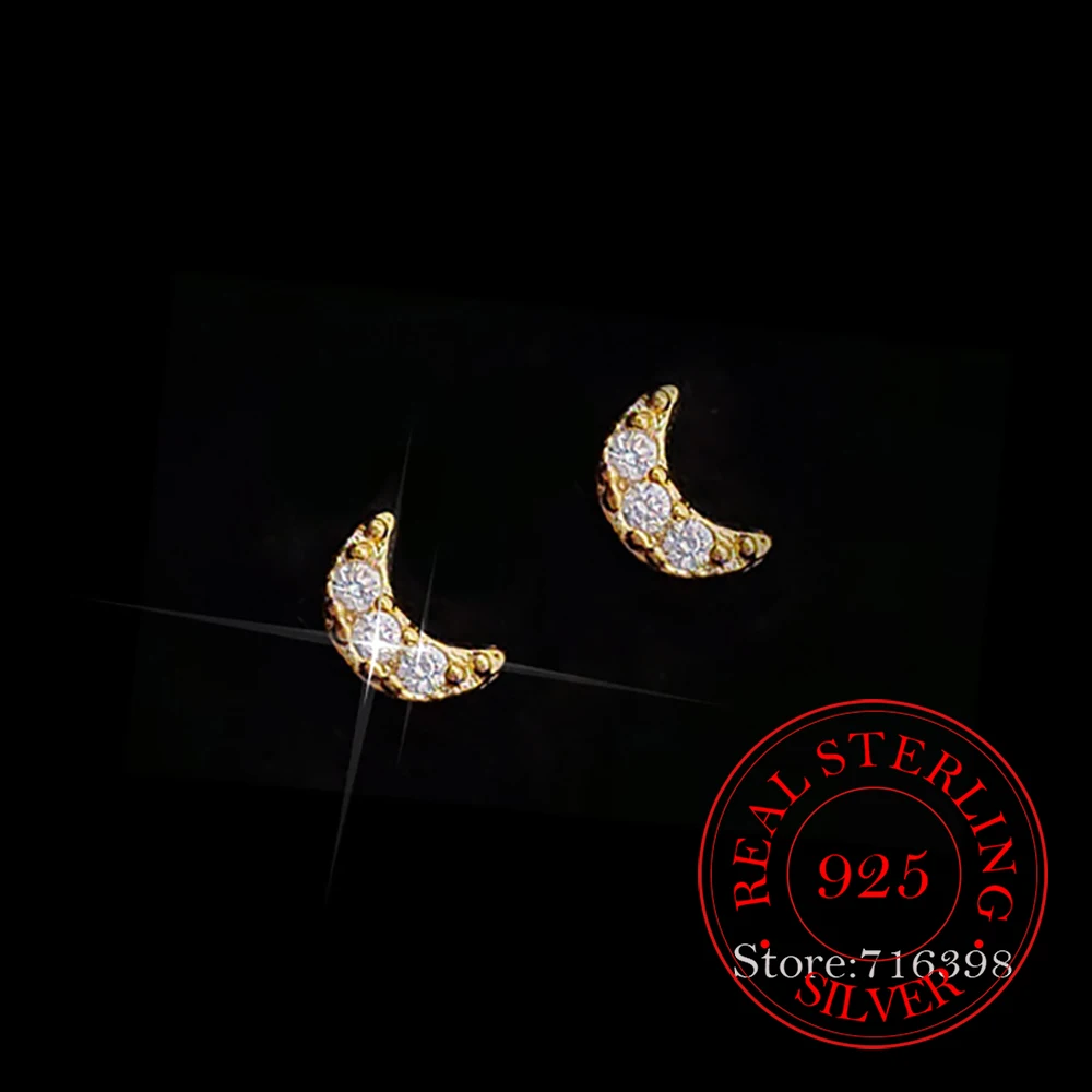 

925 Sterling Silver Jewelry 18K Gold Plated Crystal Moon Stud Earrings for Women Wedding Party Girls Friend Gift