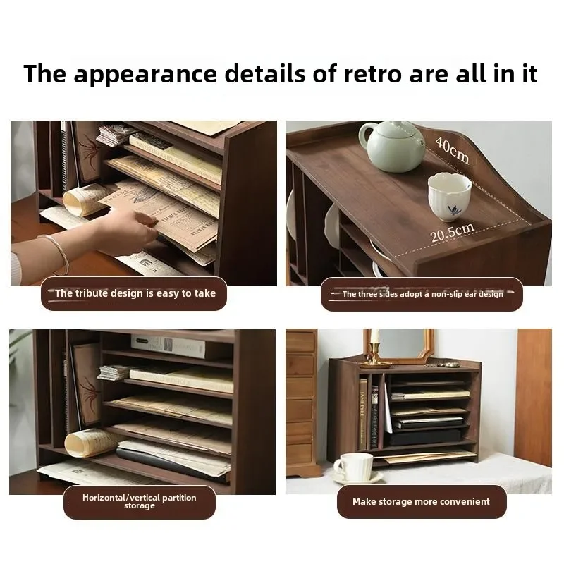 Desktop File Storage Rack Vintage Solid Wood A4 Paper Organizer Handbooks Storage Display Rack Multi-Layer Home Storage Cabinet