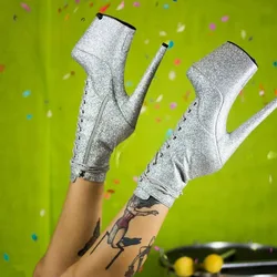 Fashion Women's Boots Mid Calf New Nightclub Pole Dance Sparkling Pink Glitter Low Short Boots 20CM Stiletto Women Shoes Pink