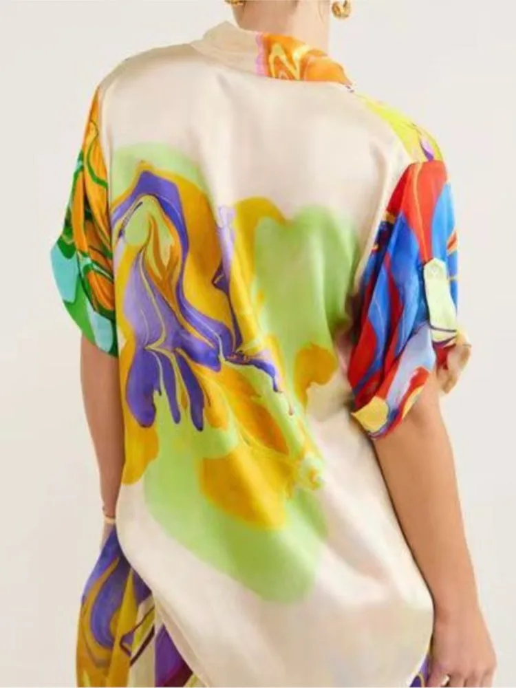 Color Print Skirts Two Piece Set Temperament Satin Half Sleeves Shirts Elastic Waist A-line Skirt 2 Piece Sets Fashion Lady Suit