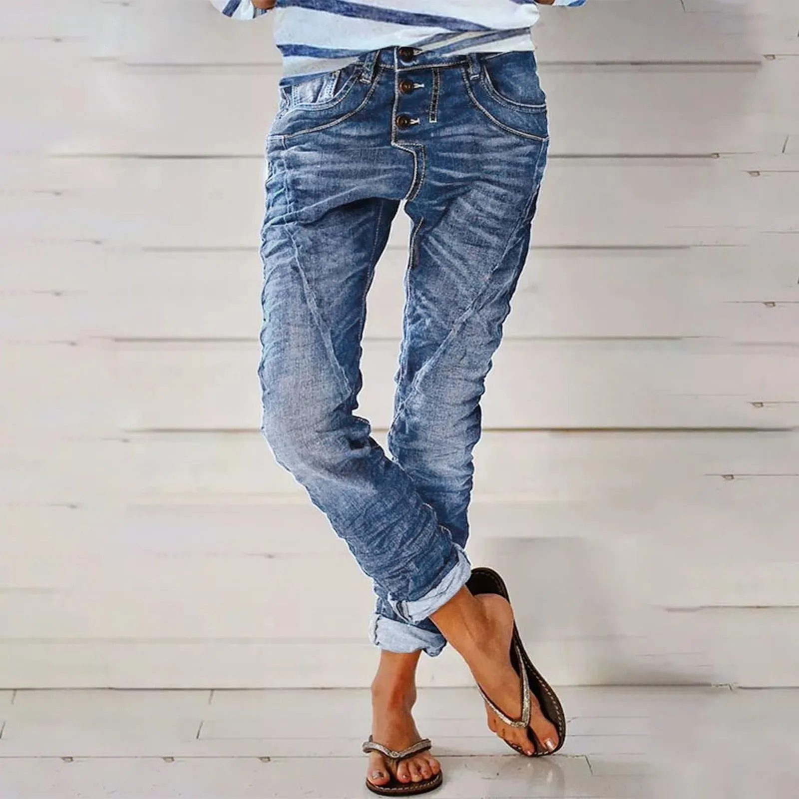 Jeans strappati in vita lucidati lavati larghi da strada con stampa moda donna pantaloni in Denim a vita alta larghi