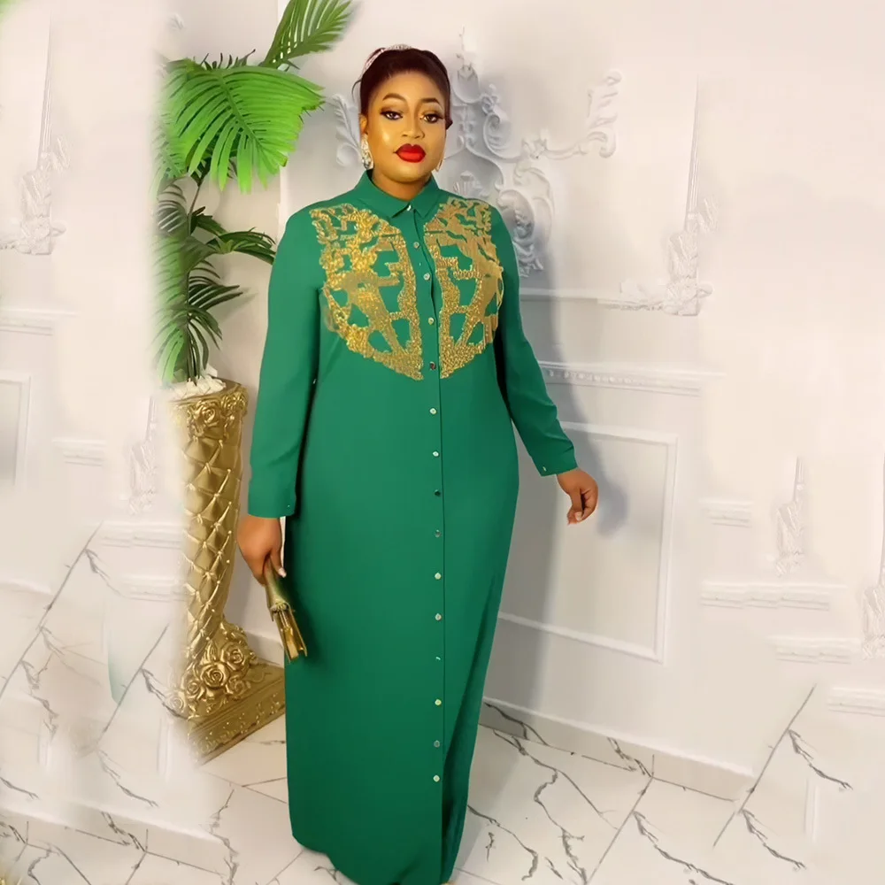 Plus Size African Shirt Dresses for Women Diamonds Buttons Party Dress Casual African Ankara Dashiki Dubai Abaya Kaftan Outfits