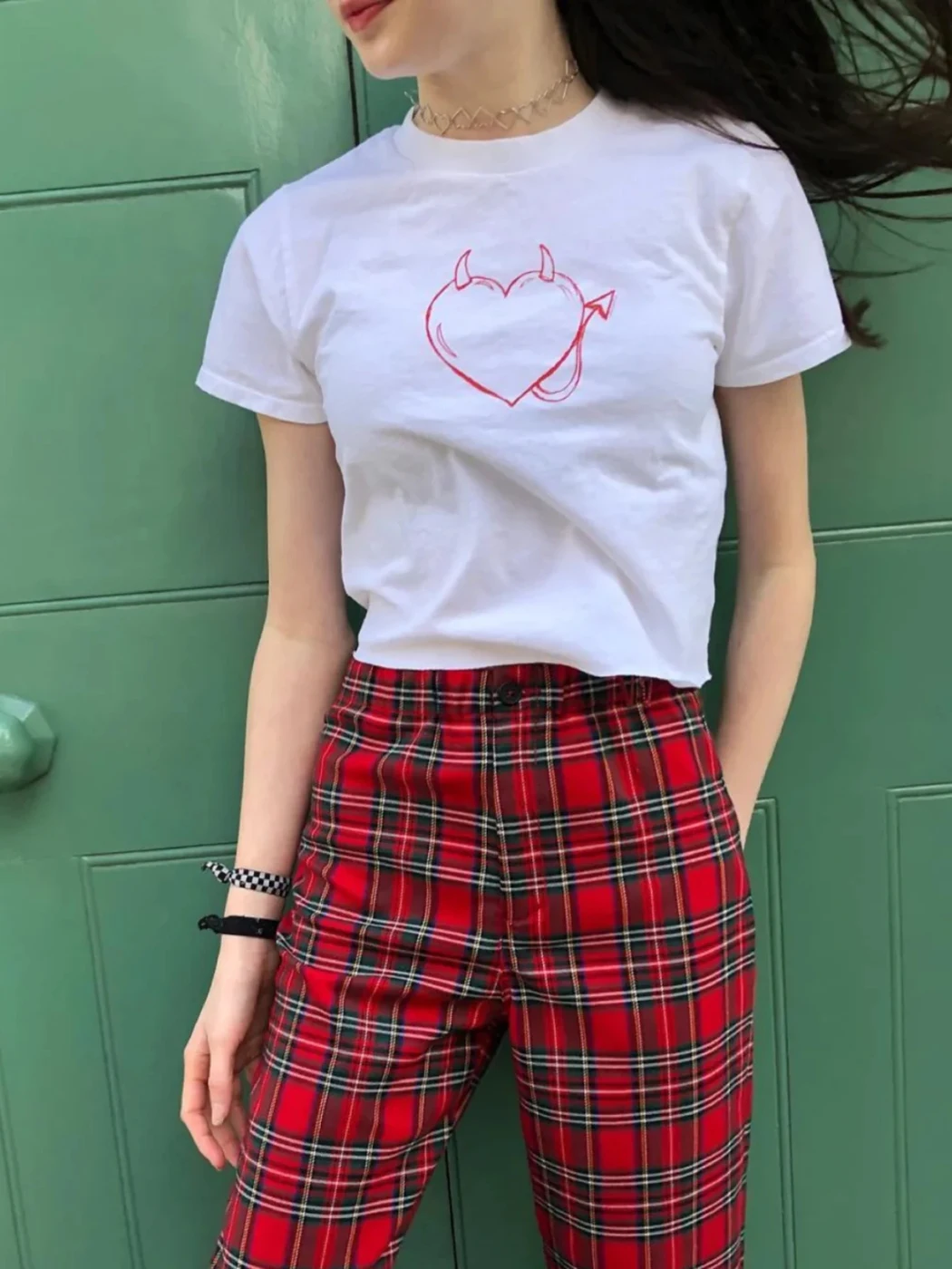 Devil Love Little Angel Pattern Print Sweet Chic Summer T-shirts Round Neck Pink Short Sleeve Tees Slim Y2K Female Tops 2024 New