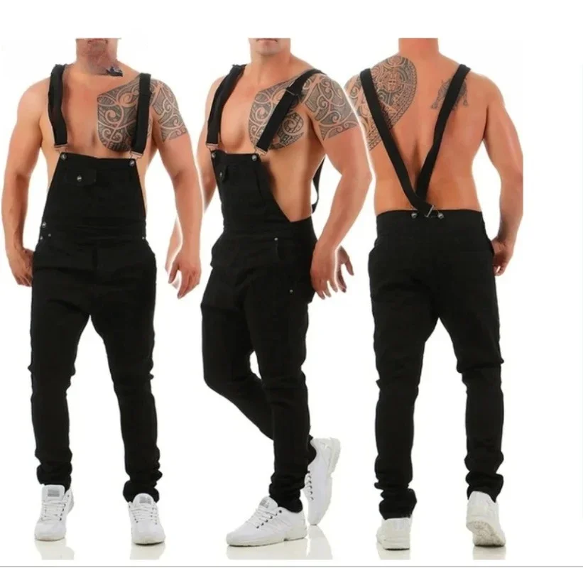 

2026 New European American Men's Suspender Jeans Spring Autumn Blue Black Torn Color Matching Jumpsuit Long Jeans