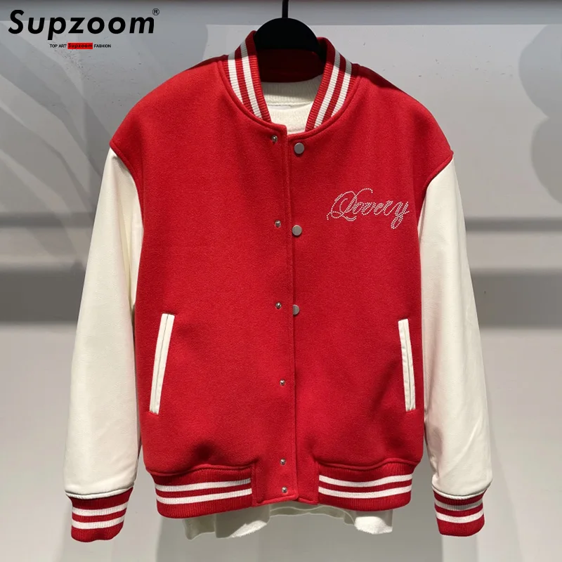 Supzoom New Arrival Top Fashion Autumn Loose Teenagers Preppy Style Rib Sleeve Short Sequins High Street Baseball Jacket Men