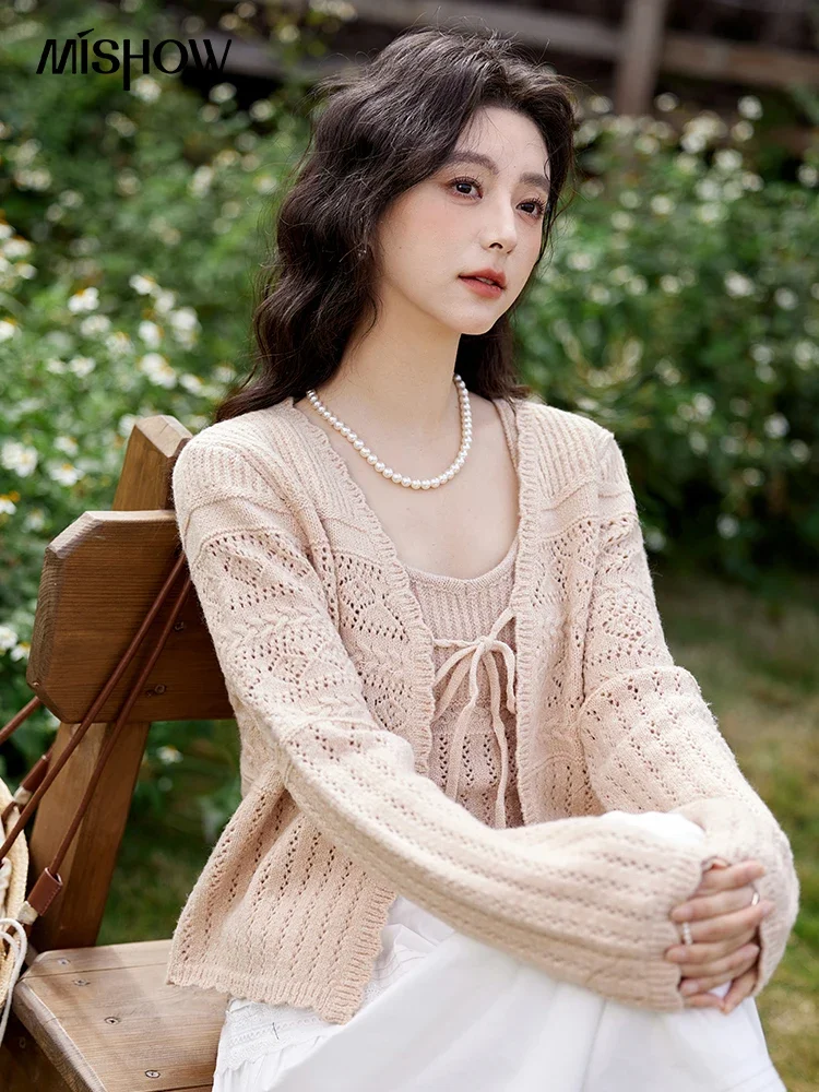 MISHOW Knitted Camisole Cardigan Sets Women 2025 Spring New Skeleton French Elegant Lace Up Cardigan Two Piece Sets MXE11T0480