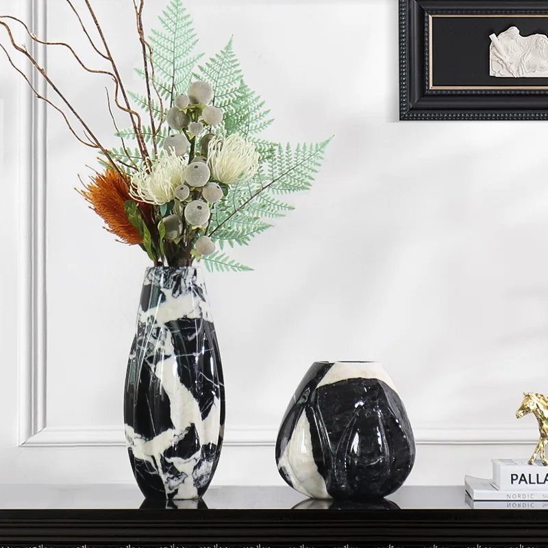 Natural marble vase ornament hotel model room art dried flower arrangement coffee table desktop