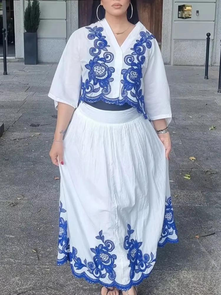 HH 2024 여성 자수 셔츠 미디 스커트 세트 캐주얼 셔츠 탑 + A라인 하이웨이스트 시크 엘레강스 플리츠 롱 스커트 의상